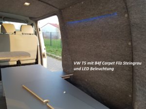 VW T5 Camper mit LED und B4f Carpet-Filz verkleidet